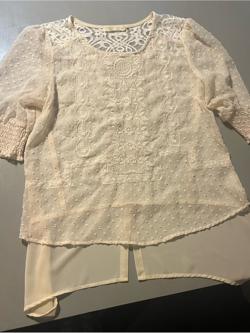 Hazel Cream Swiss Dot Lace Cutout Sheer High-Low Top Medium